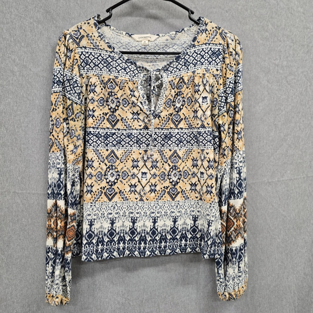 Lucky Brand Womens XS Boho Patchwork Ikat Print Long Sleeve‎ Tie Neck Top Yellow